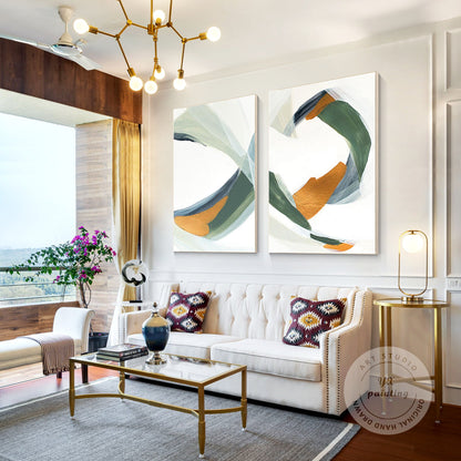 Sage Green Gold Minimalist Painting On Canvas Set of 2 Pieces Sage Green Paintin #4