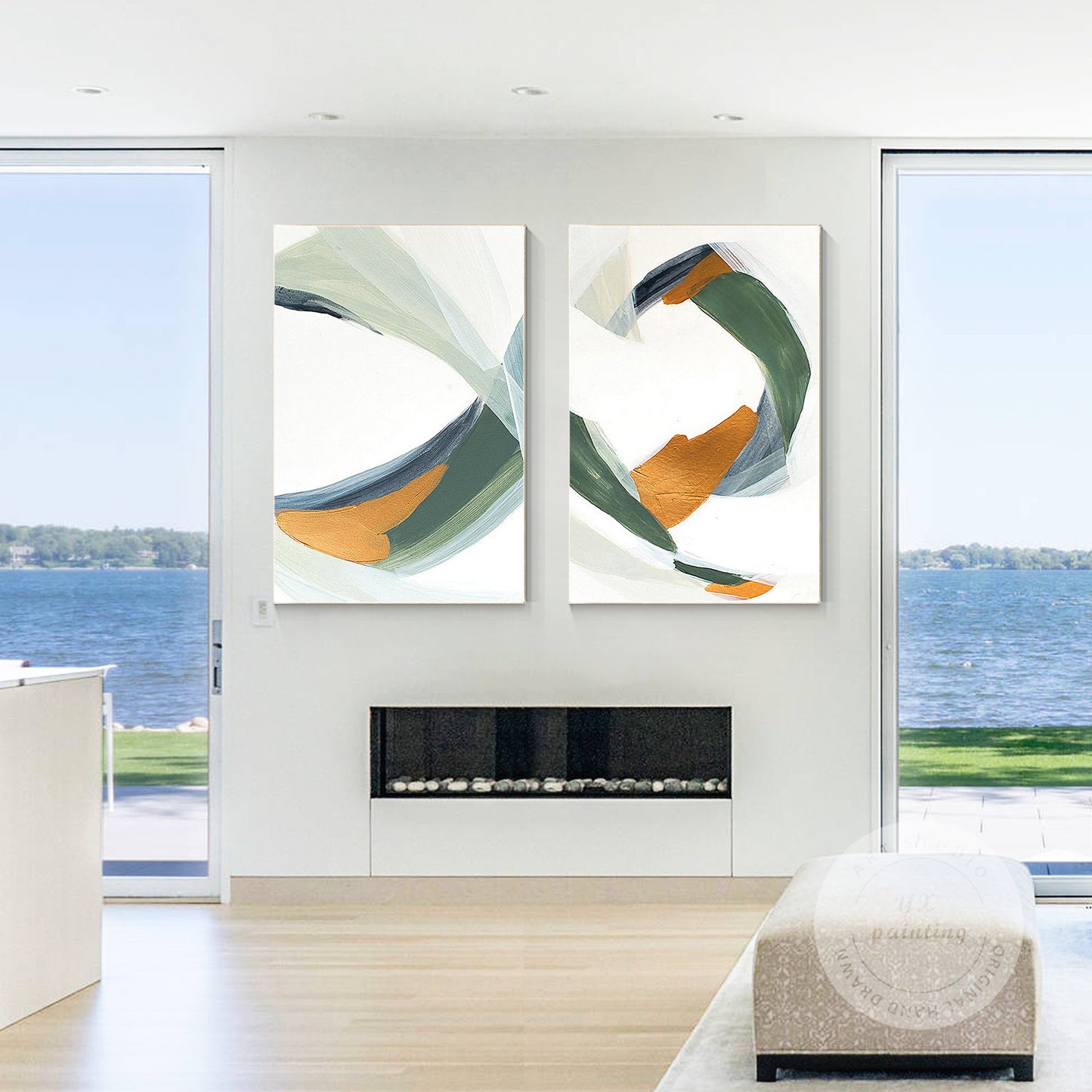 Sage Green Gold Minimalist Painting On Canvas Set of 2 Pieces Sage Green Paintin #5