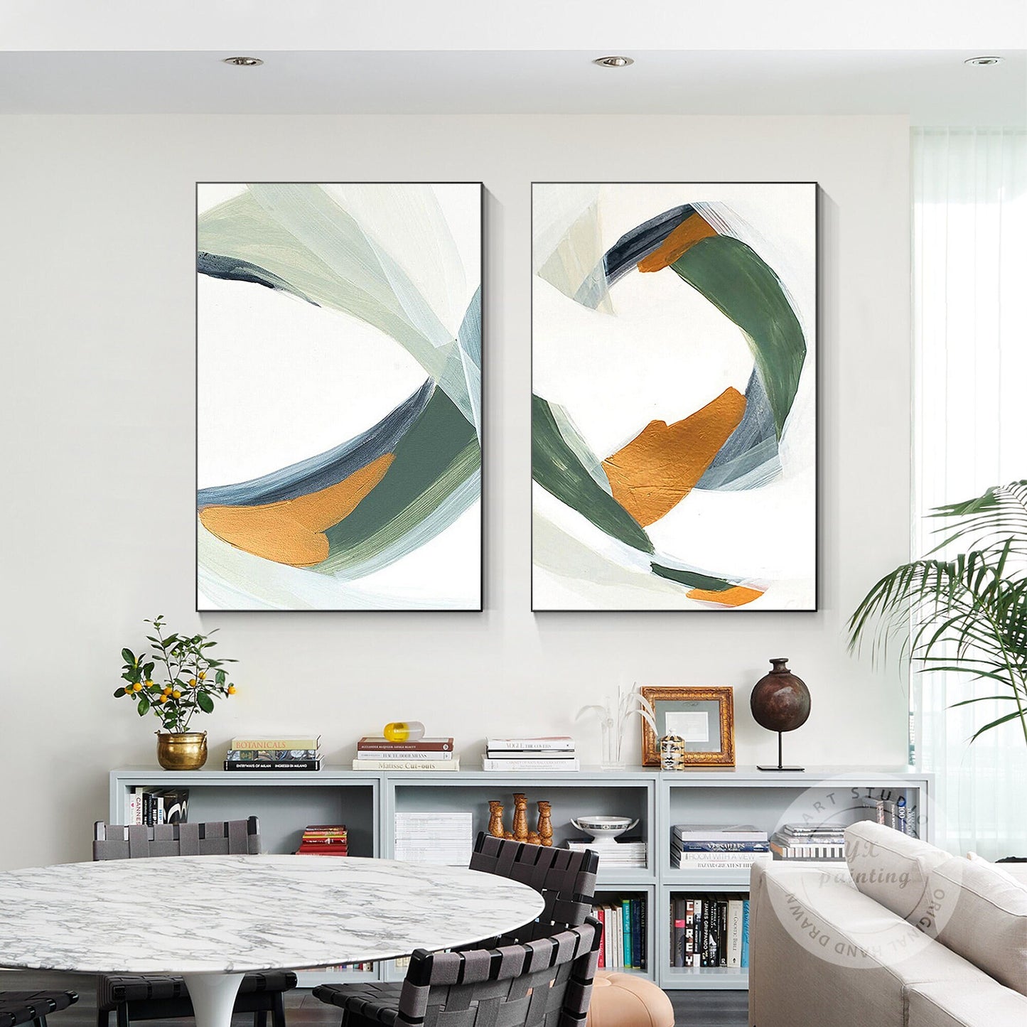 Sage Green Gold Minimalist Painting On Canvas Set of 2 Pieces Sage Green Paintin #1