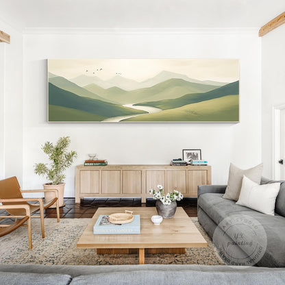 Sage Green Mountain Landscape Painting: Large Horizontal Canvas Art #2