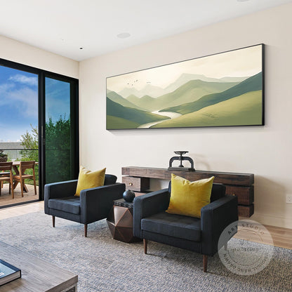 Sage Green Mountain Landscape Painting: Large Horizontal Canvas Art #3