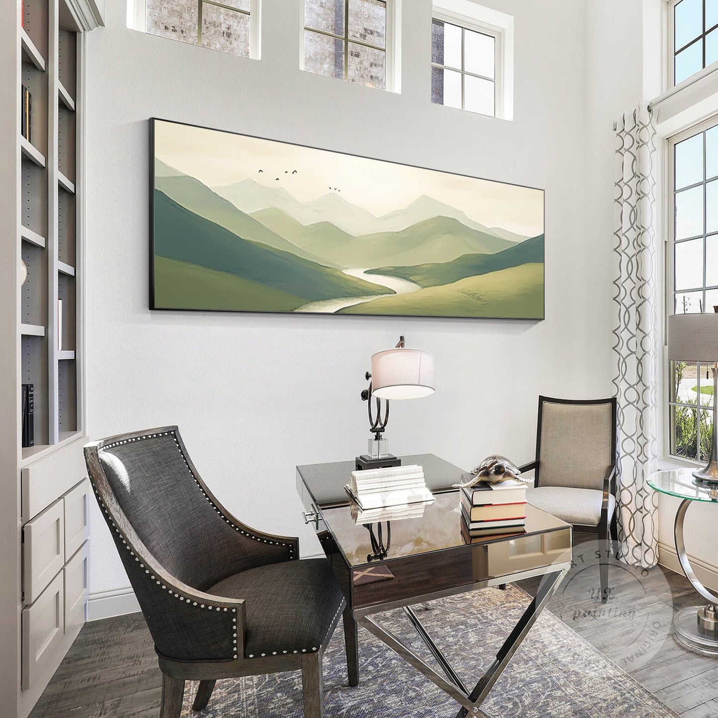 Sage Green Mountain Landscape Painting: Large Horizontal Canvas Art #4