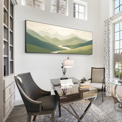 Sage Green Mountain Landscape Painting: Large Horizontal Canvas Art #4