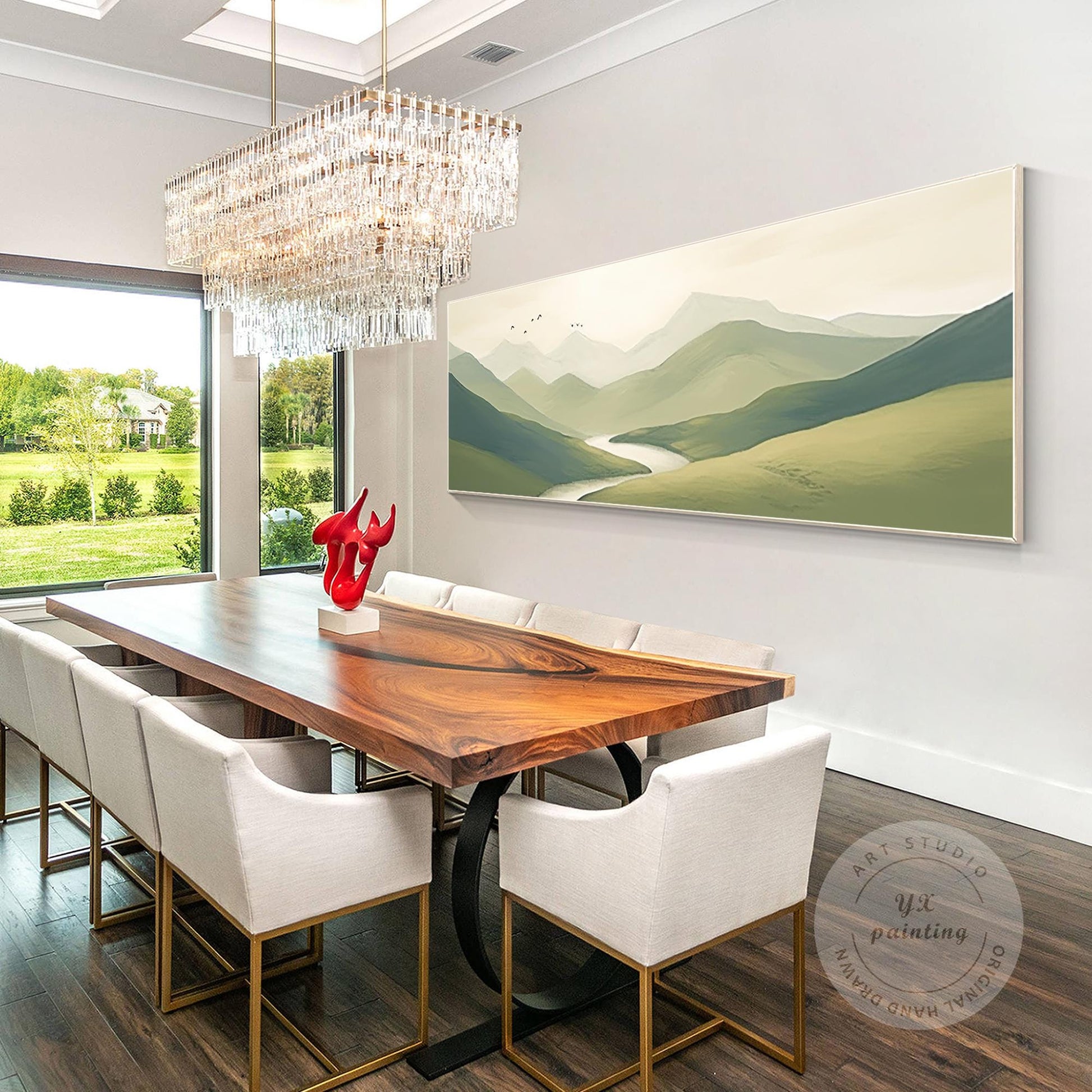 Sage Green Mountain Landscape Painting: Large Horizontal Canvas Art #5
