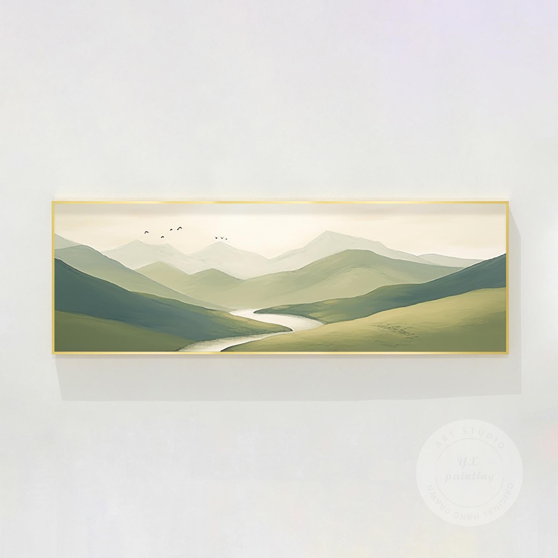 Sage Green Mountain Landscape Painting: Large Horizontal Canvas Art #7