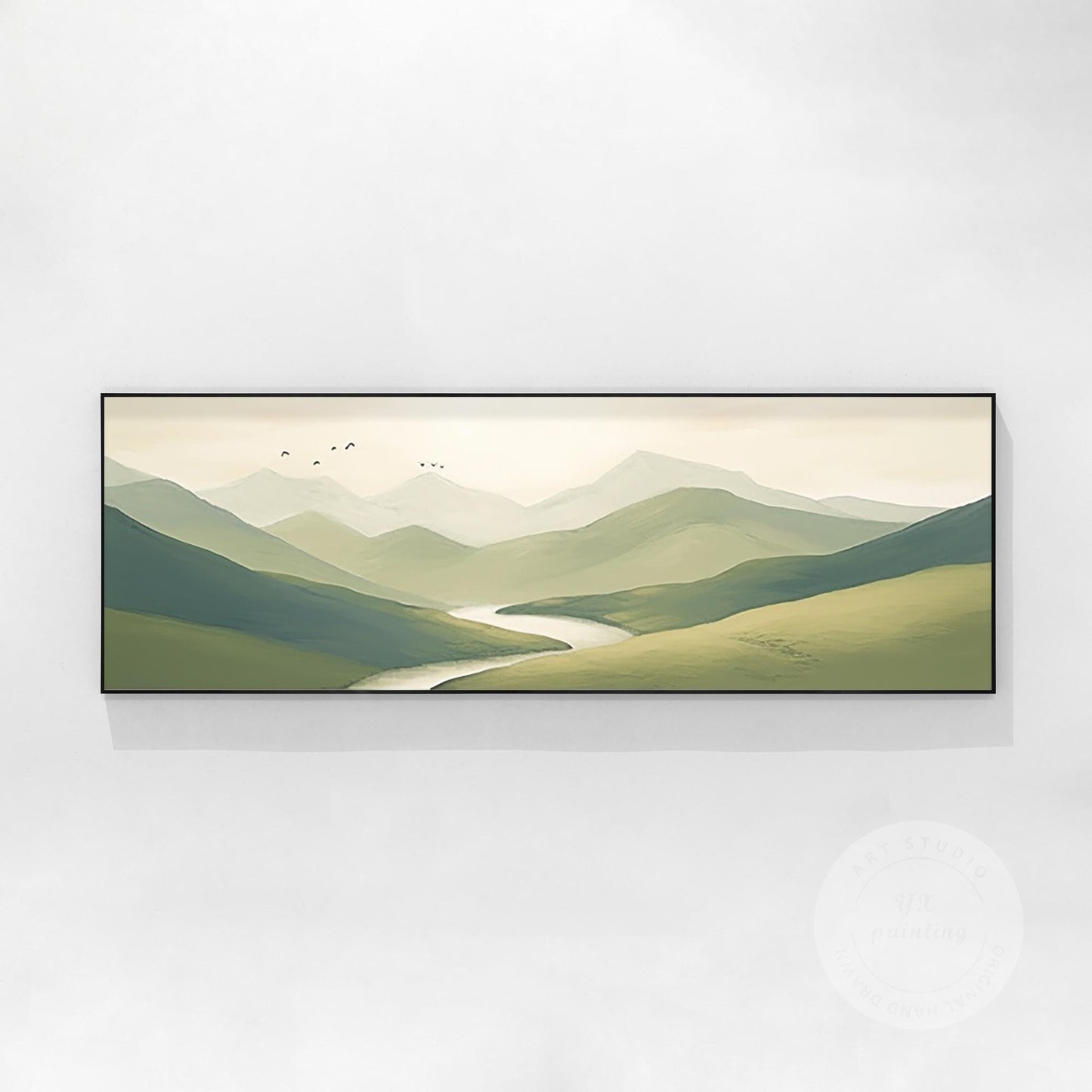 Sage Green Mountain Landscape Painting: Large Horizontal Canvas Art #9