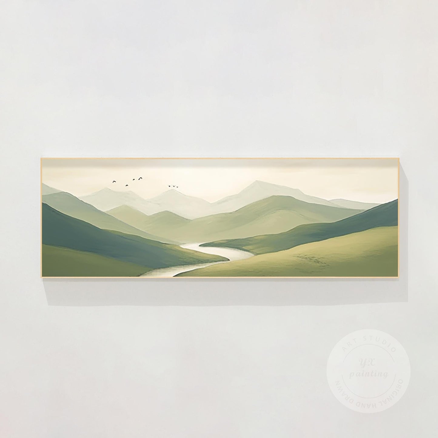 Sage Green Mountain Landscape Painting: Large Horizontal Canvas Art #10