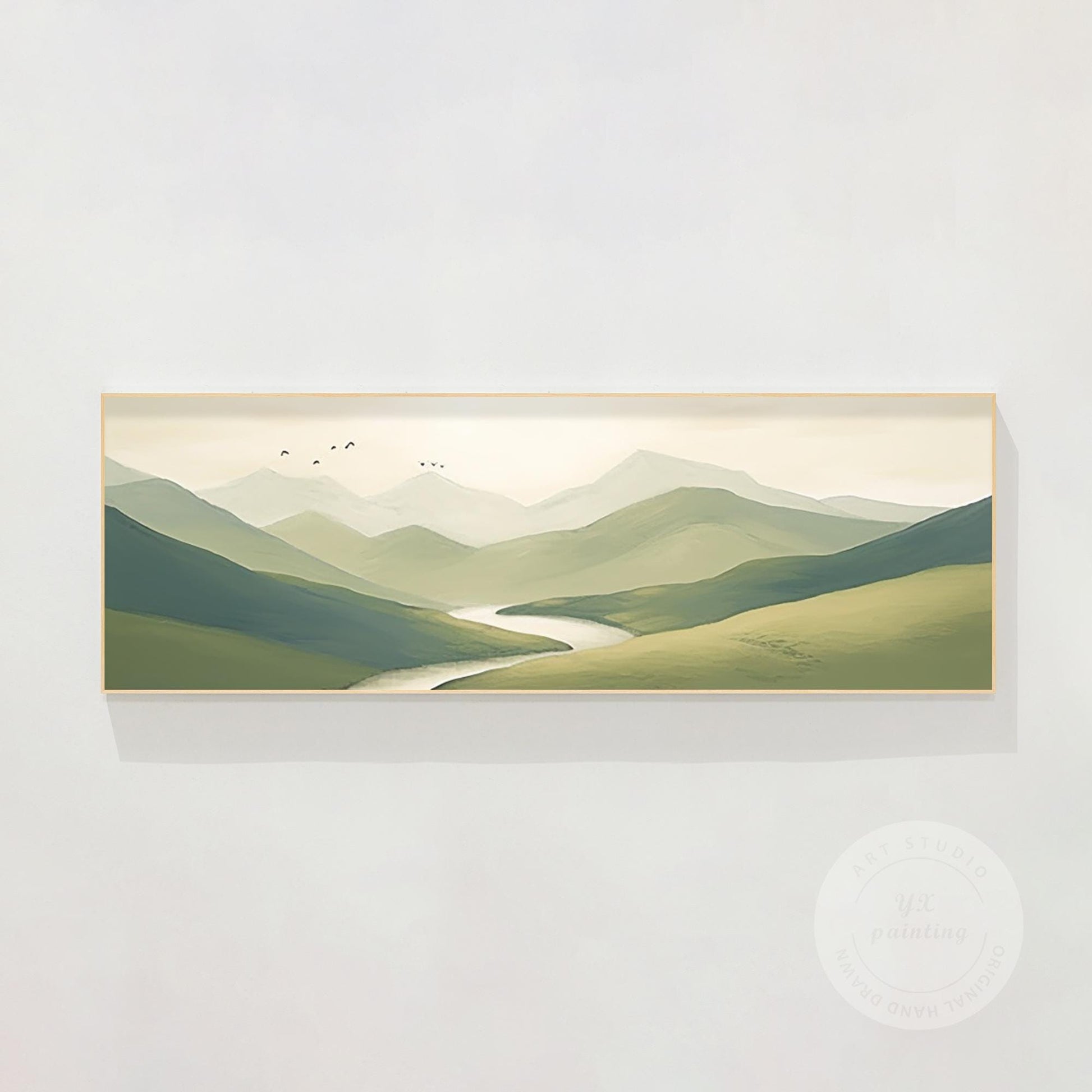 Sage Green Mountain Landscape Painting: Large Horizontal Canvas Art #10