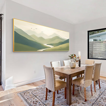 Sage Green Mountain Landscape Painting: Large Horizontal Canvas Art #1