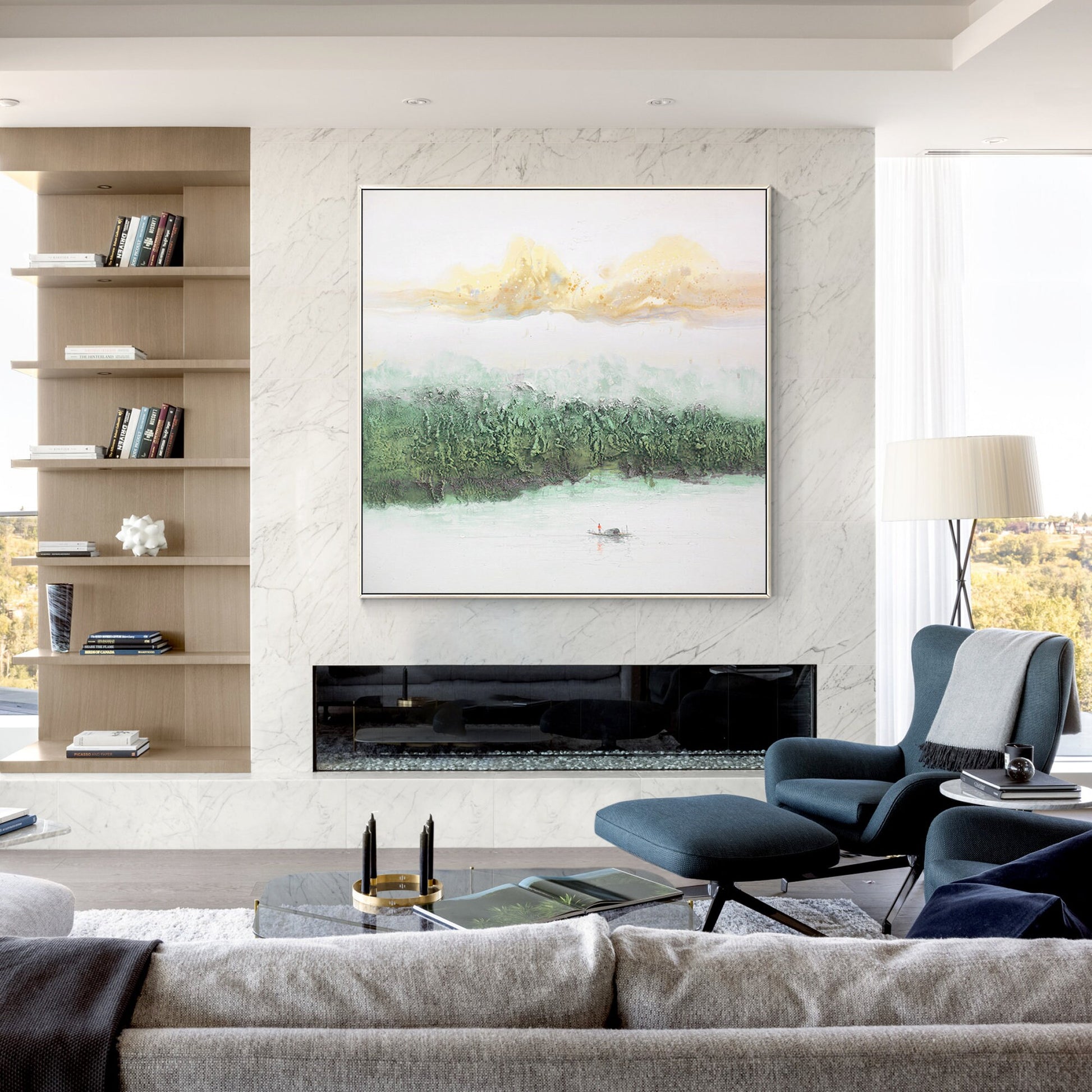 Sage Green Mountain Painting Canvas: Square Framed Texture Wall Art #2