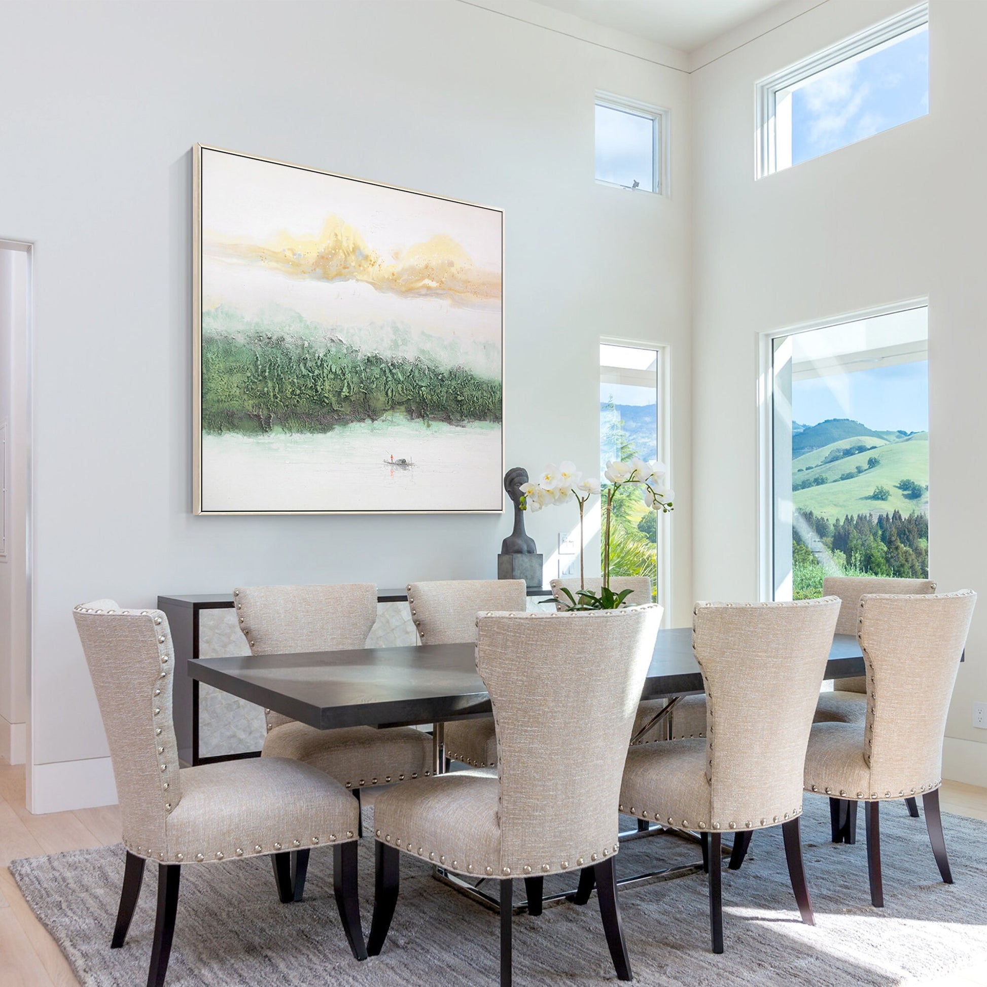Sage Green Mountain Painting Canvas: Square Framed Texture Wall Art #4