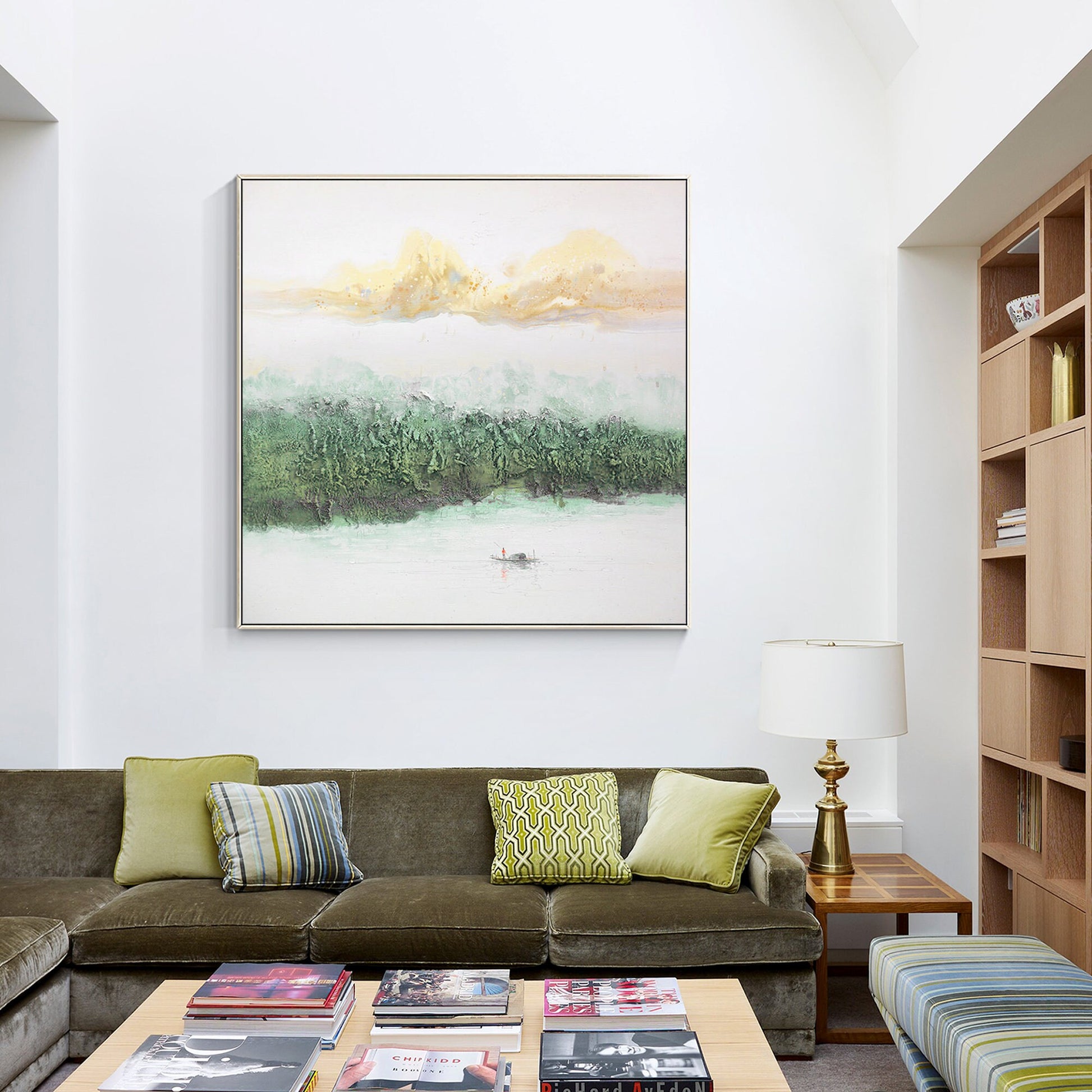 Sage Green Mountain Painting Canvas: Square Framed Texture Wall Art #5