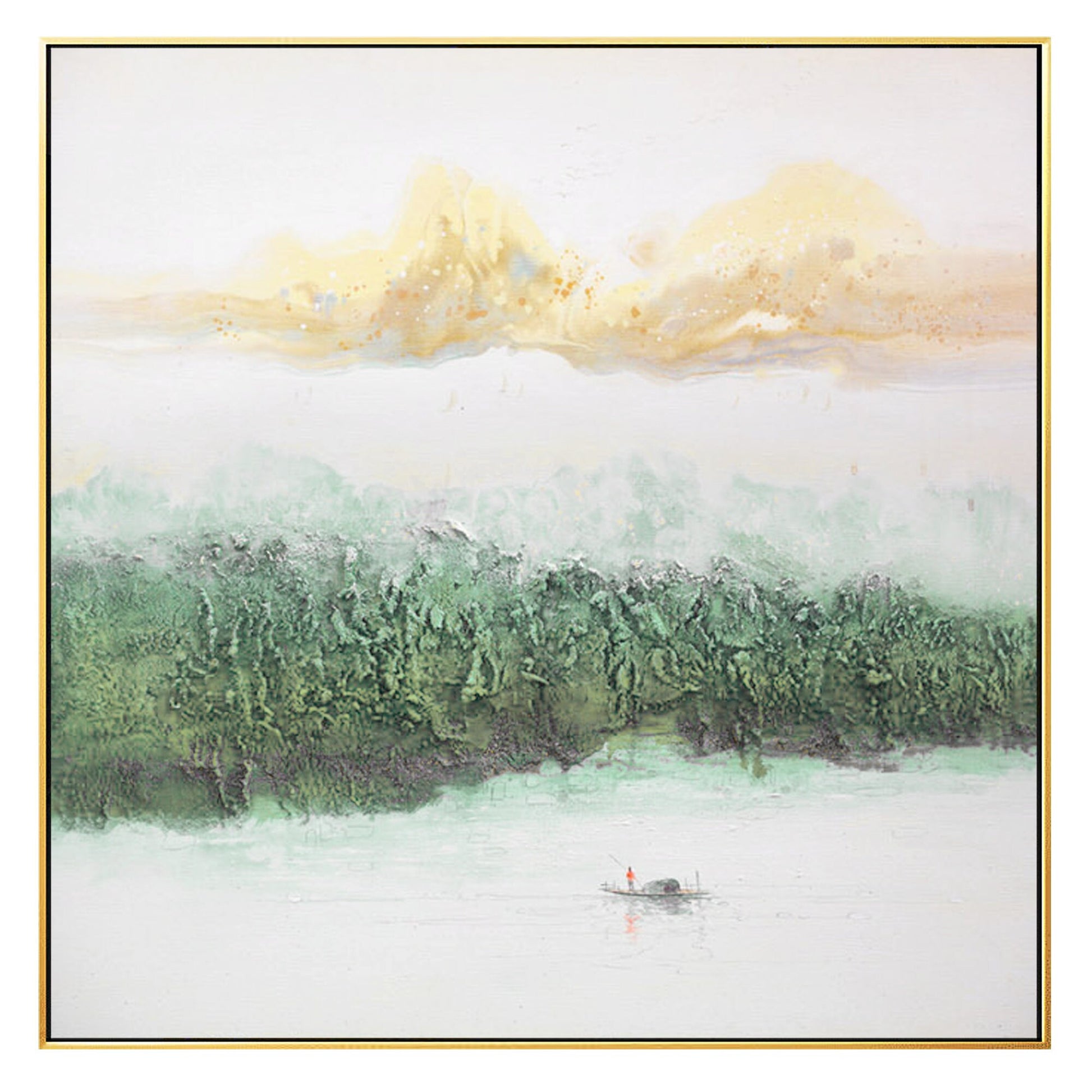 Sage Green Mountain Painting Canvas: Square Framed Texture Wall Art #7