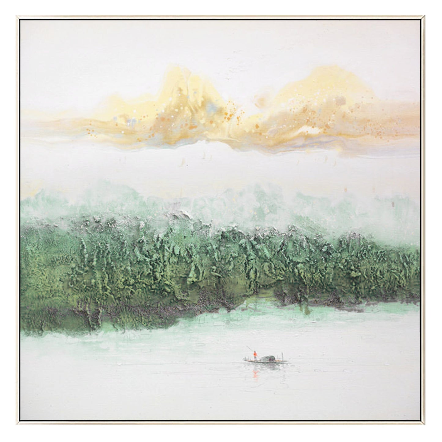 Sage Green Mountain Painting Canvas: Square Framed Texture Wall Art #8