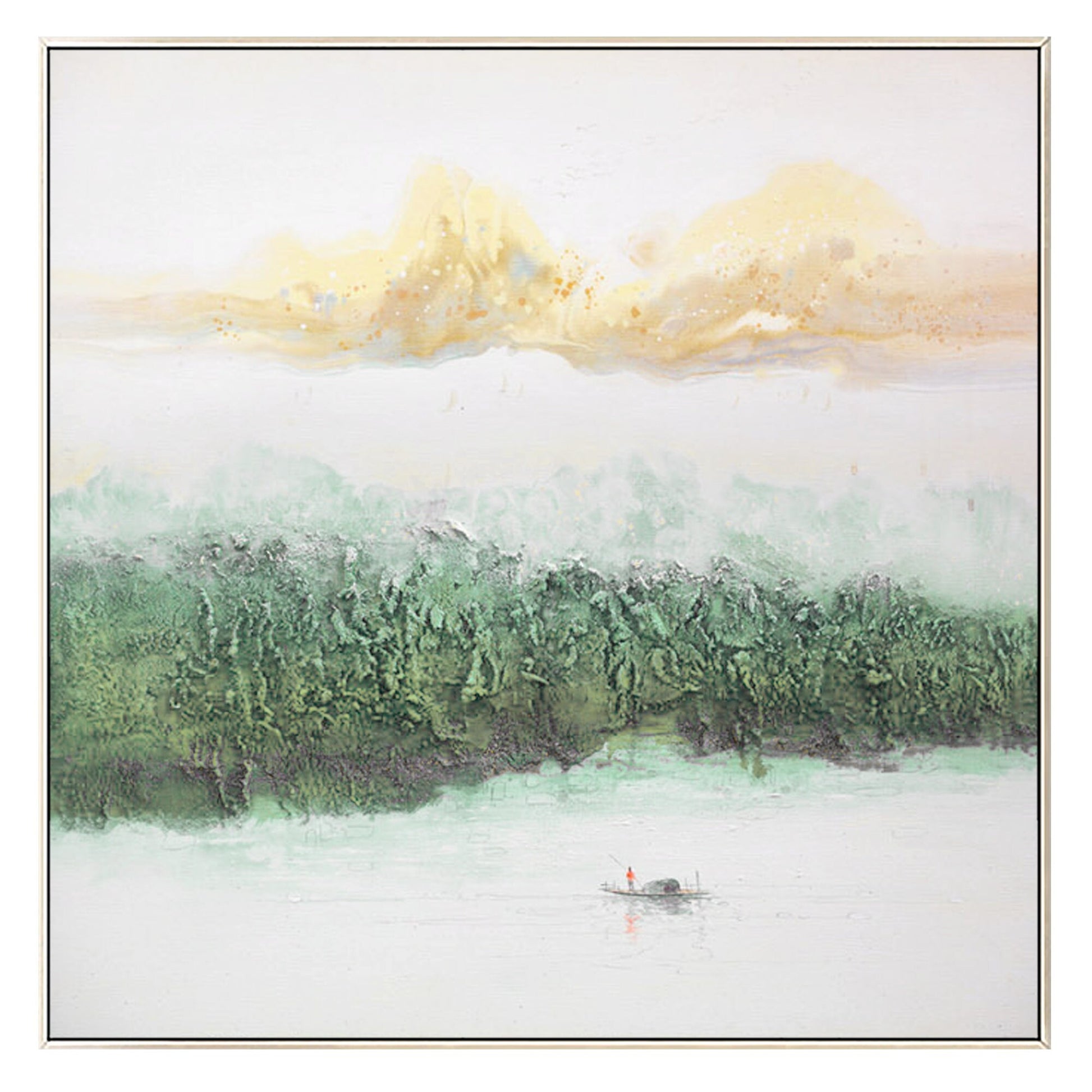 Sage Green Mountain Painting Canvas: Square Framed Texture Wall Art #8