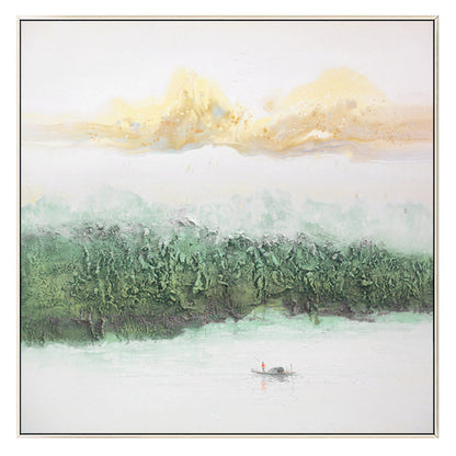 Sage Green Mountain Painting Canvas: Square Framed Texture Wall Art #8