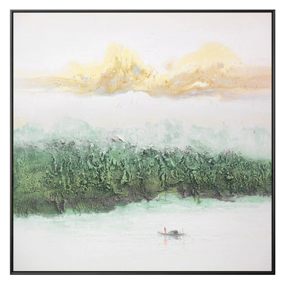 Sage Green Mountain Painting Canvas: Square Framed Texture Wall Art #9