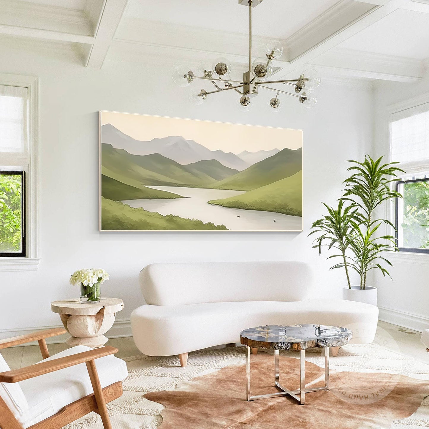 Sage Green Mountain River Painting: Abstract Landscape Art on Canvas #2