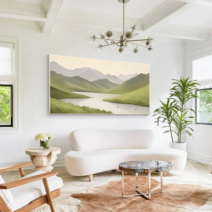 Sage Green Mountain River Painting: Abstract Landscape Art on Canvas #2