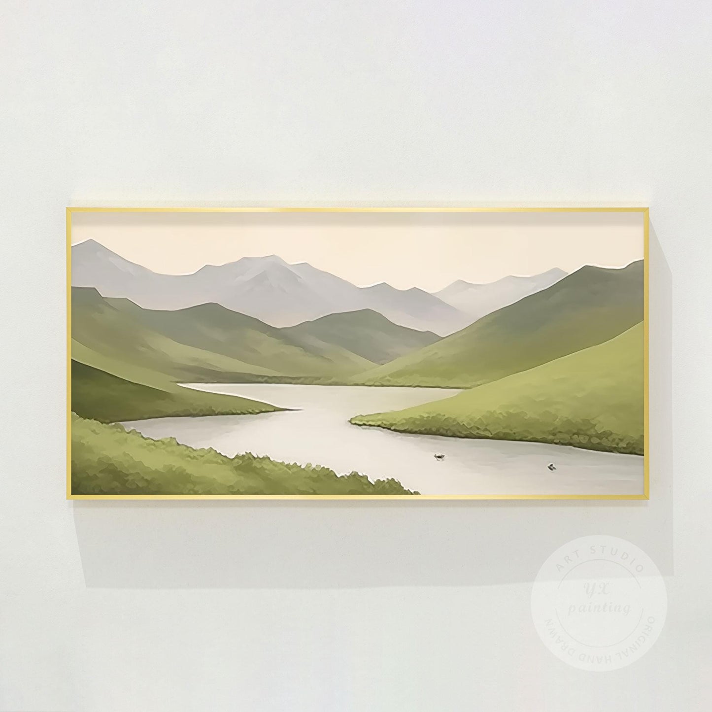Sage Green Mountain River Painting: Abstract Landscape Art on Canvas #7