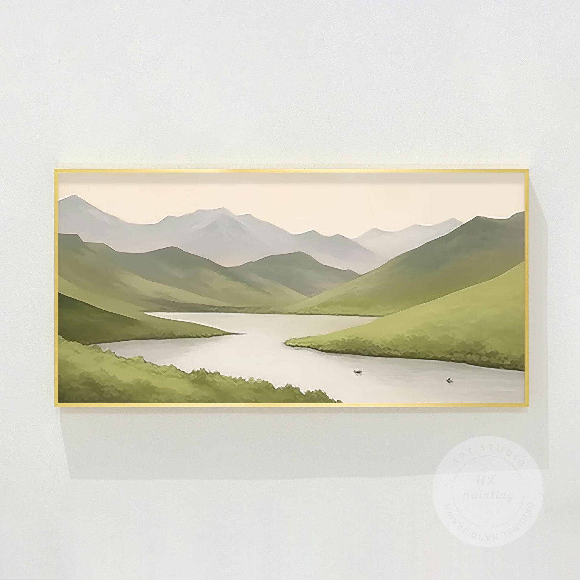 Sage Green Mountain River Painting: Abstract Landscape Art on Canvas #7