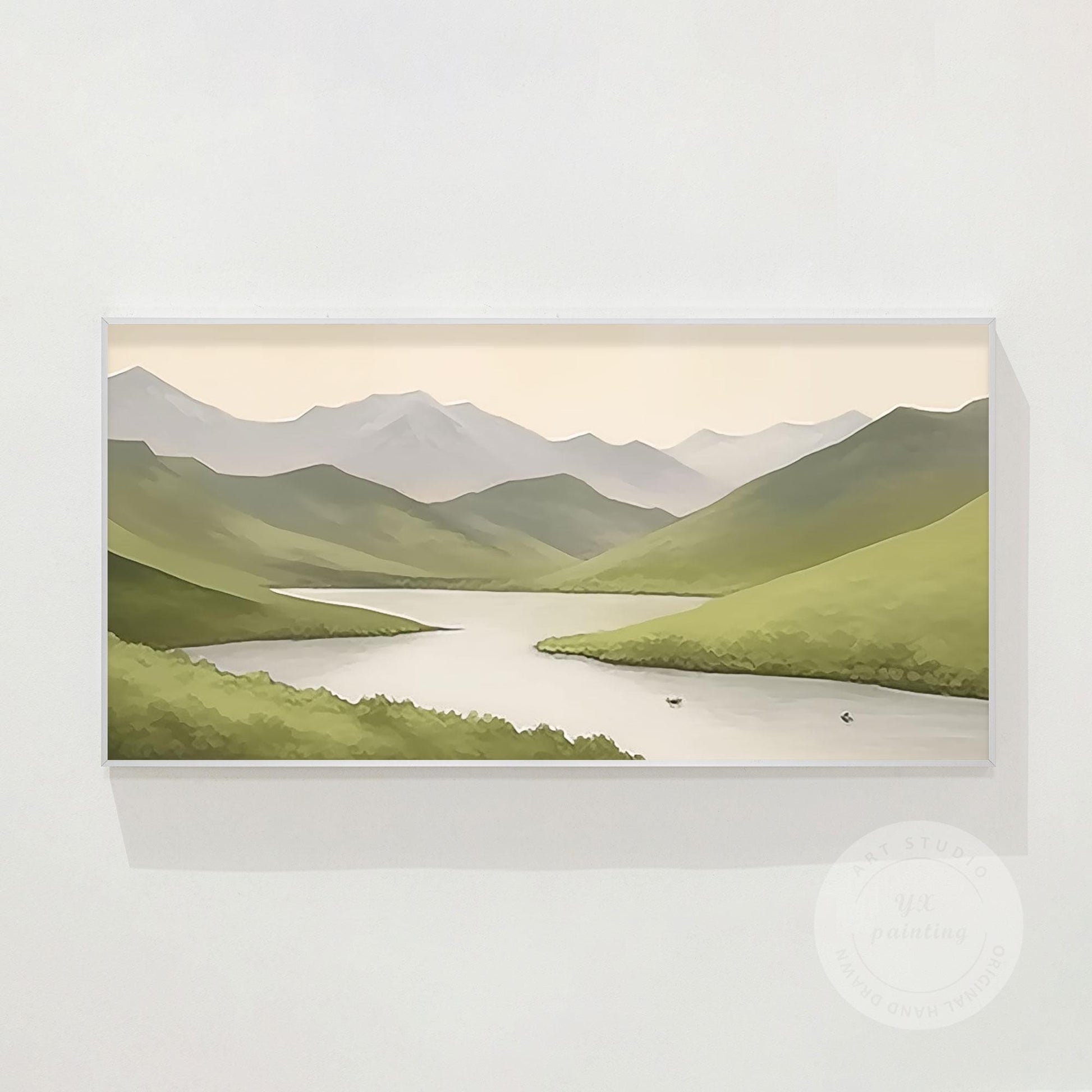 Sage Green Mountain River Painting: Abstract Landscape Art on Canvas #8