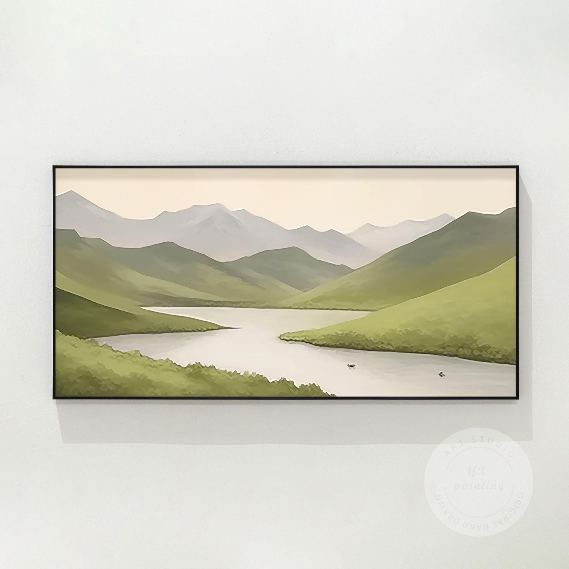 Sage Green Mountain River Painting: Abstract Landscape Art on Canvas #9