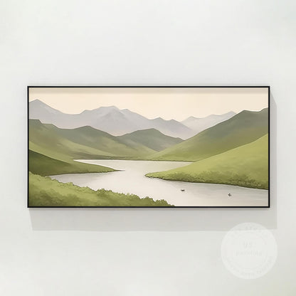 Sage Green Mountain River Painting: Abstract Landscape Art on Canvas #9