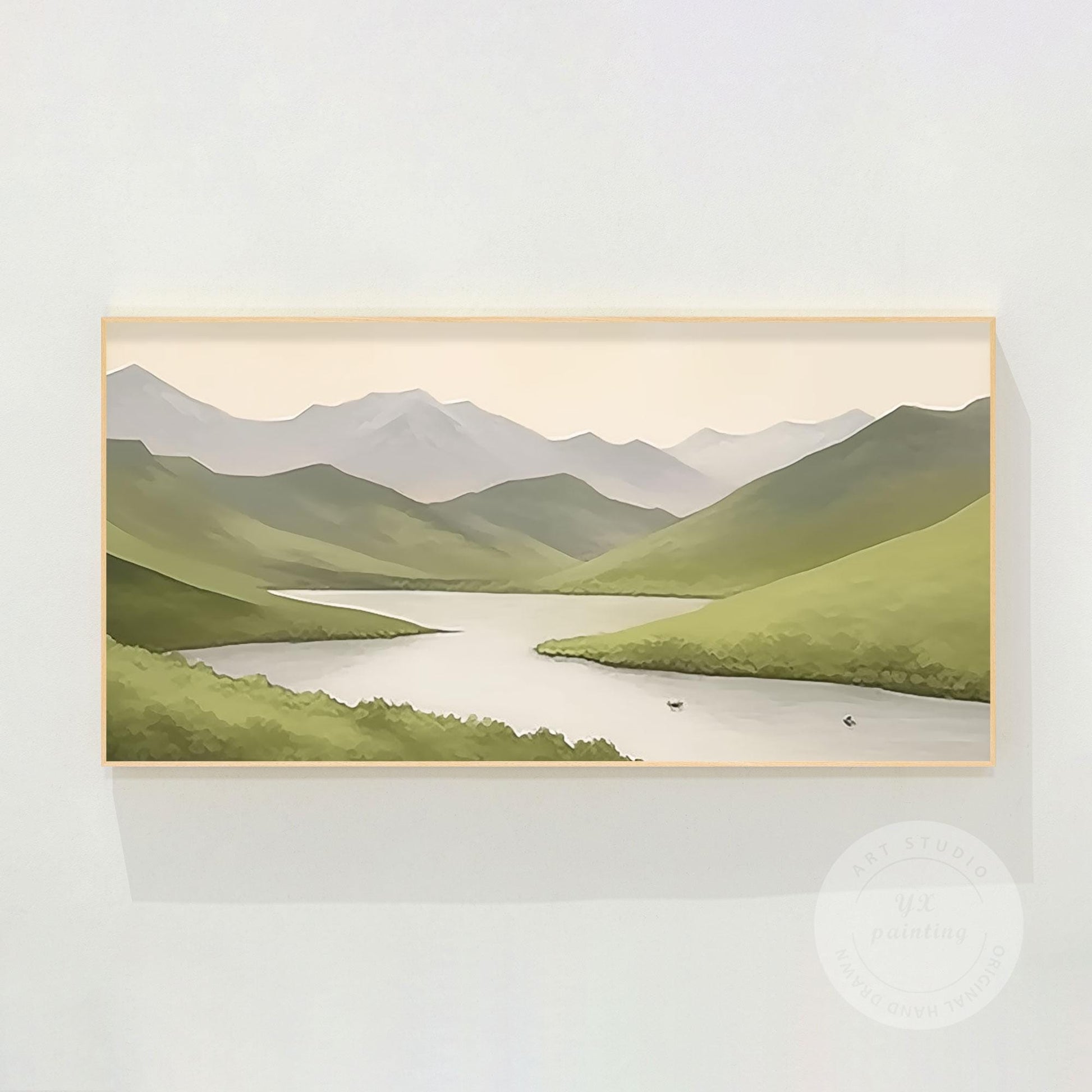Sage Green Mountain River Painting: Abstract Landscape Art on Canvas #10