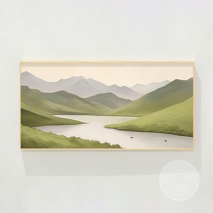 Sage Green Mountain River Painting: Abstract Landscape Art on Canvas #10