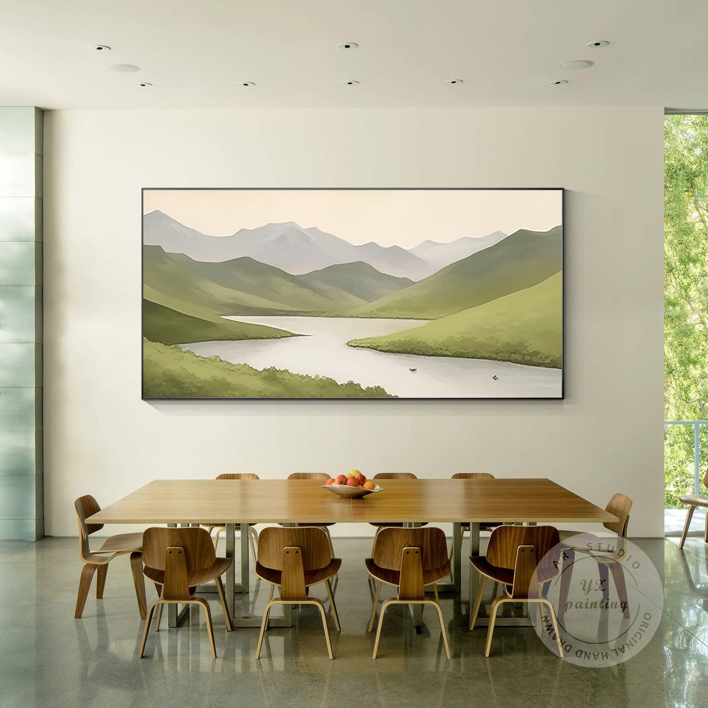 Sage Green Mountain River Painting: Abstract Landscape Art on Canvas #1