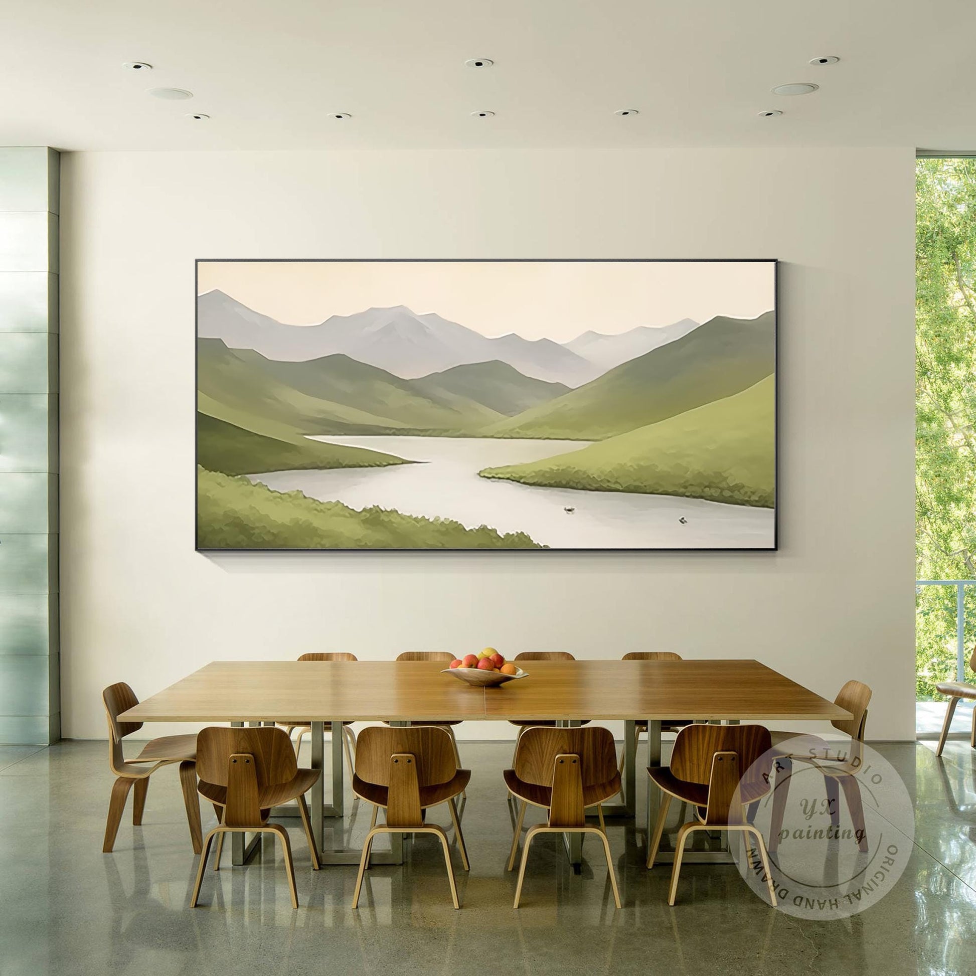 Sage Green Mountain River Painting: Abstract Landscape Art on Canvas #1