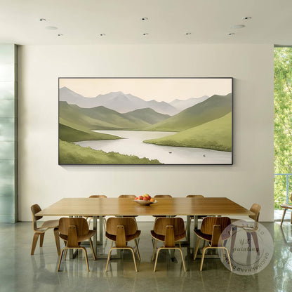 Sage Green Mountain River Painting: Abstract Landscape Art on Canvas #1