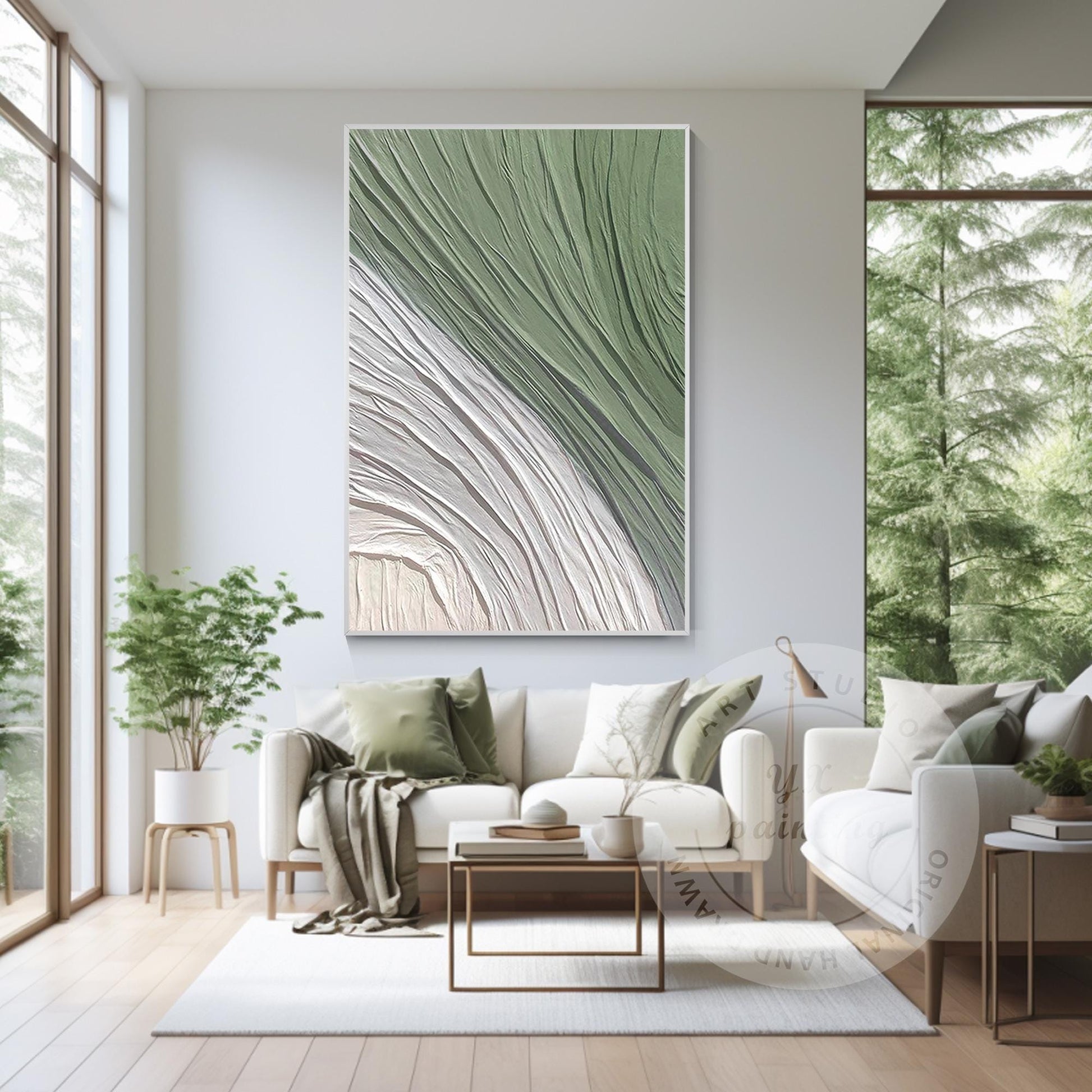 Sage Green Textured Wall Art: Nordic Minimalist Original Painting #3