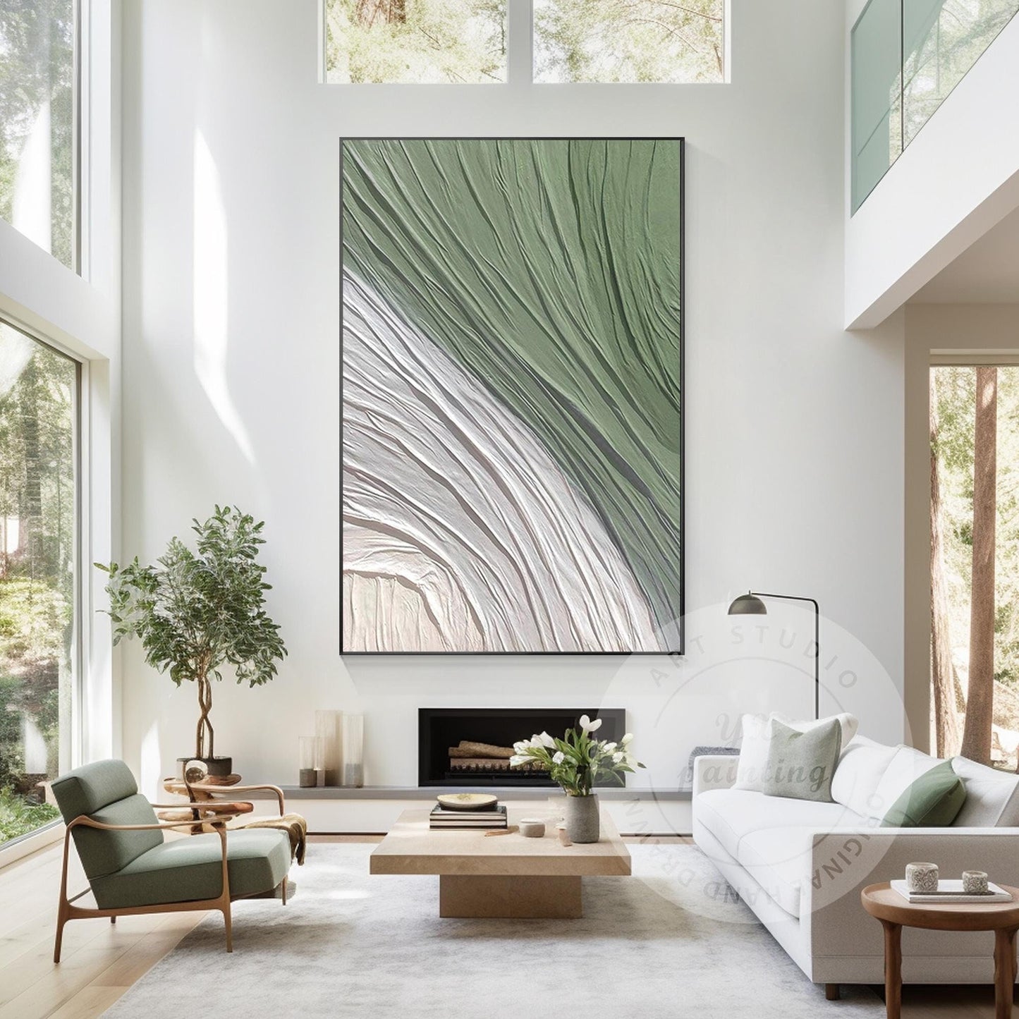 Sage Green Textured Wall Art: Nordic Minimalist Original Painting #1