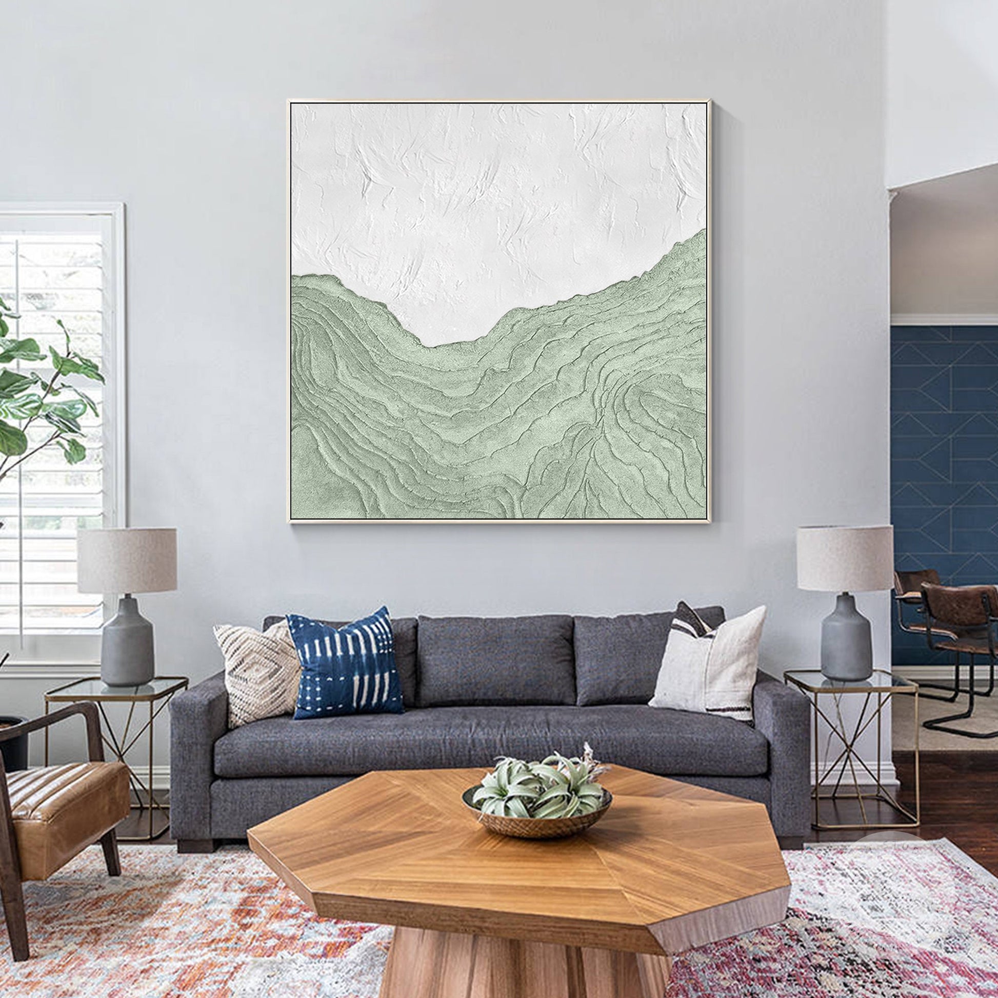 Sage Green White Wall Art, Mountain Range Landscape, Heavy Texture Square Framed #2