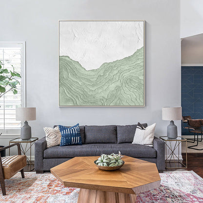 Sage Green White Wall Art, Mountain Range Landscape, Heavy Texture Square Framed #2
