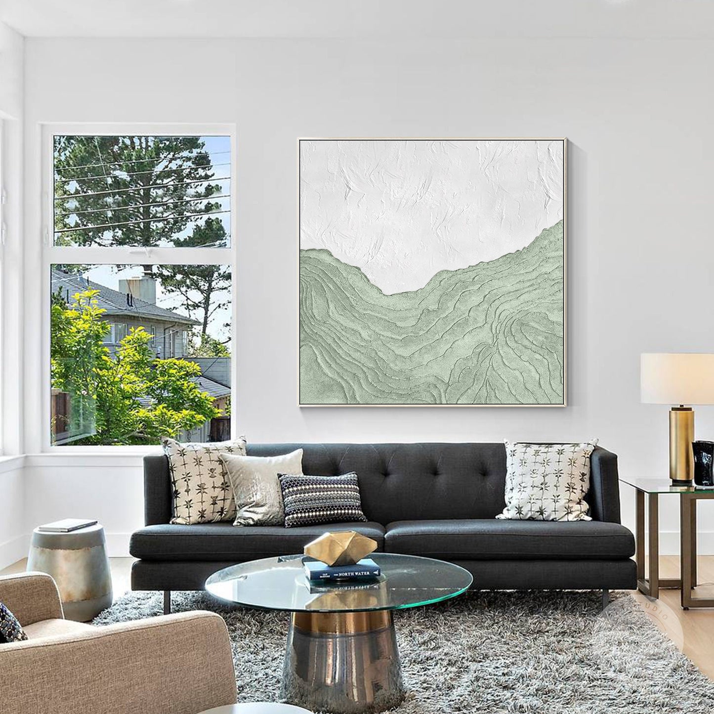 Sage Green White Wall Art, Mountain Range Landscape, Heavy Texture Square Framed #3