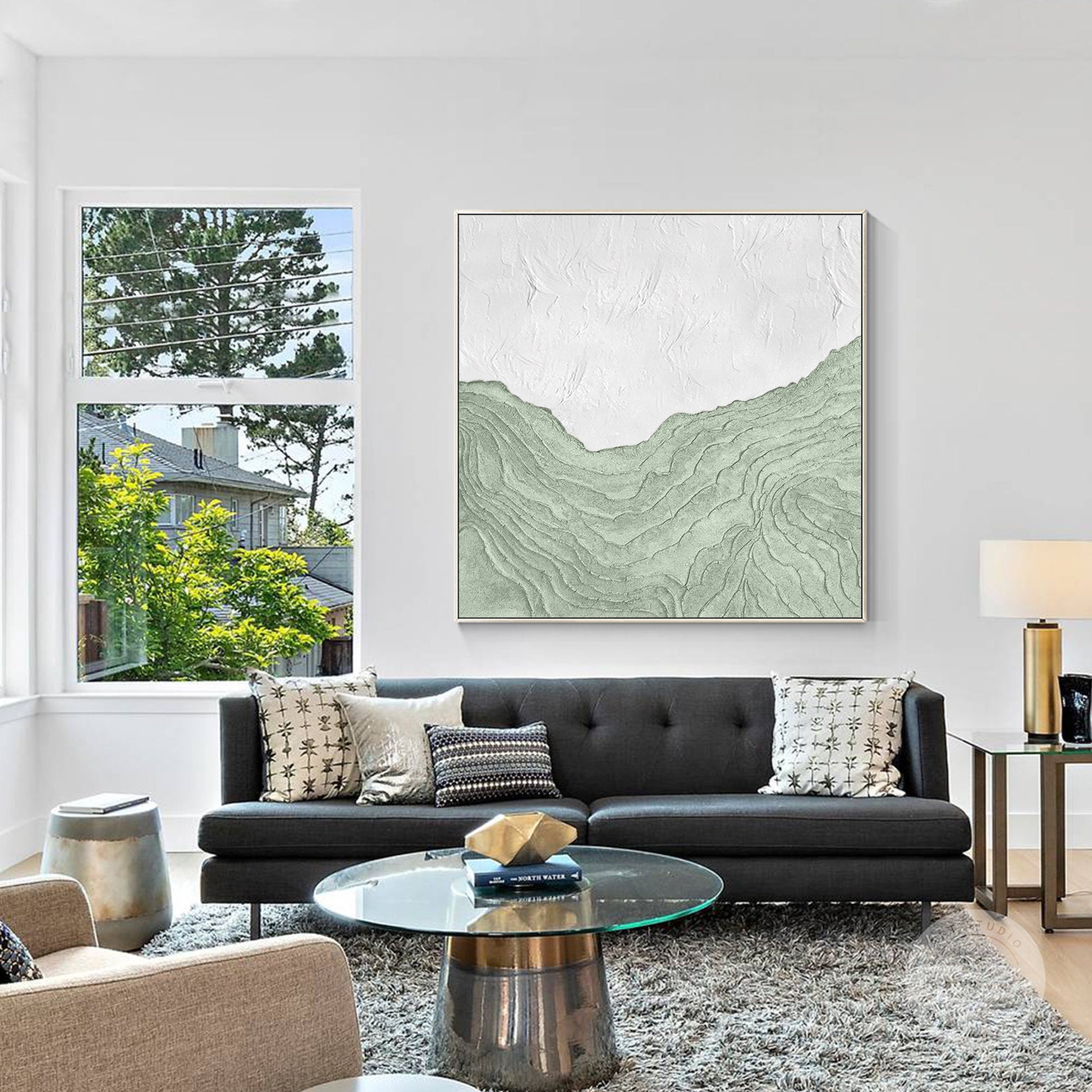 Sage Green White Wall Art, Mountain Range Landscape, Heavy Texture Square Framed #3
