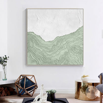 Sage Green White Wall Art, Mountain Range Landscape, Heavy Texture Square Framed #4
