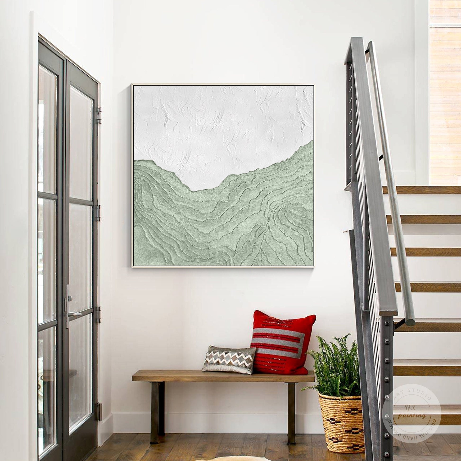 Sage Green White Wall Art, Mountain Range Landscape, Heavy Texture Square Framed #5