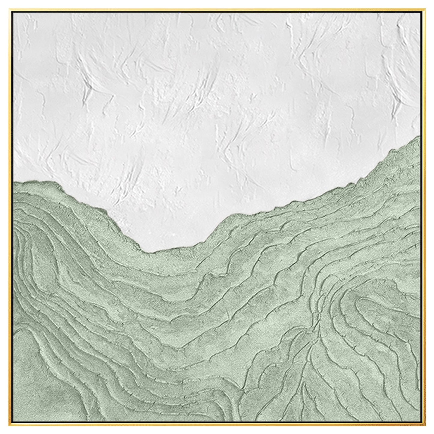 Sage Green White Wall Art, Mountain Range Landscape, Heavy Texture Square Framed #7