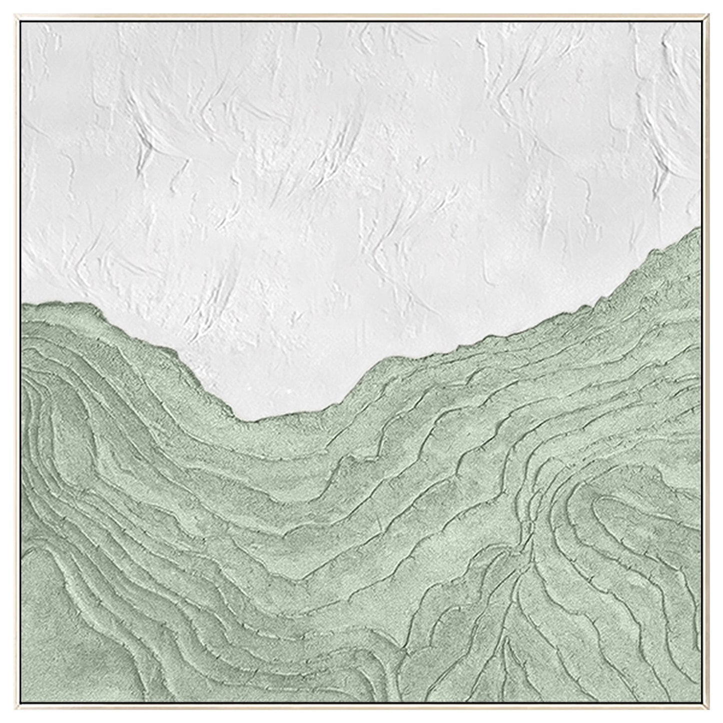 Sage Green White Wall Art, Mountain Range Landscape, Heavy Texture Square Framed #8