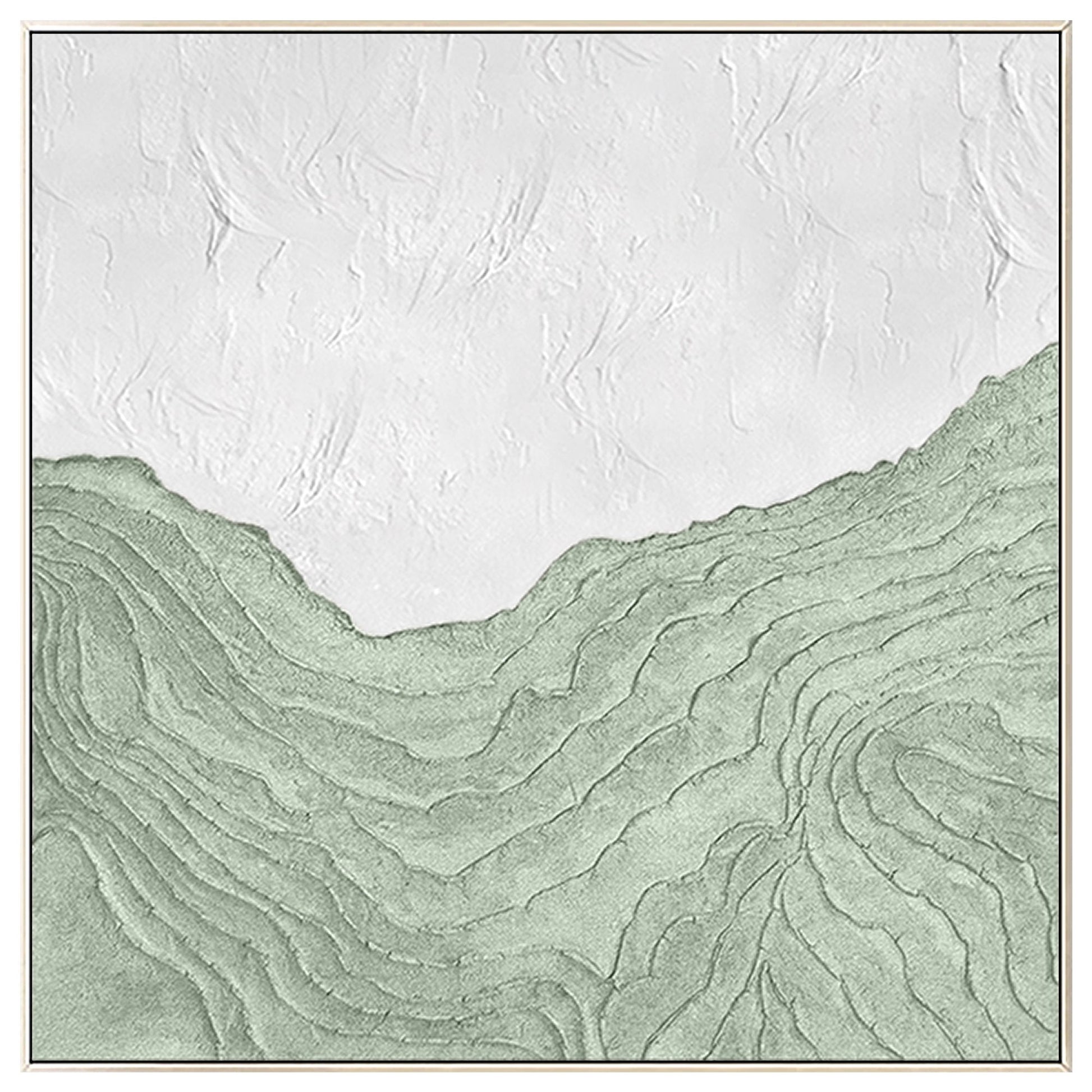 Sage Green White Wall Art, Mountain Range Landscape, Heavy Texture Square Framed #8