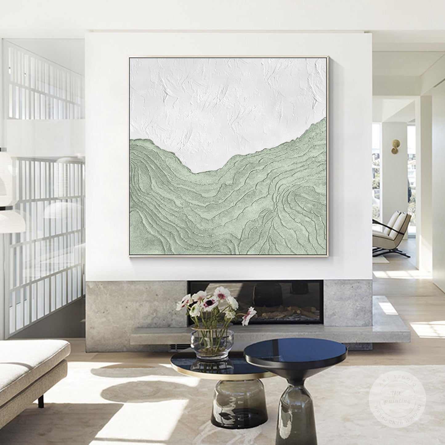 Sage Green White Wall Art, Mountain Range Landscape, Heavy Texture Square Framed #1