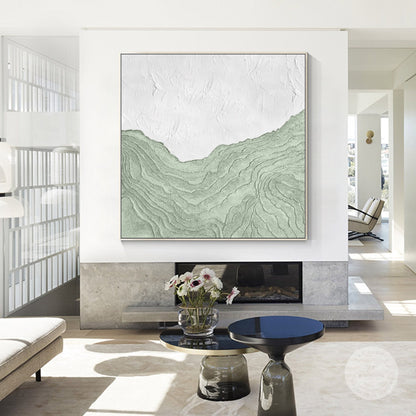 Sage Green White Wall Art, Mountain Range Landscape, Heavy Texture Square Framed #1