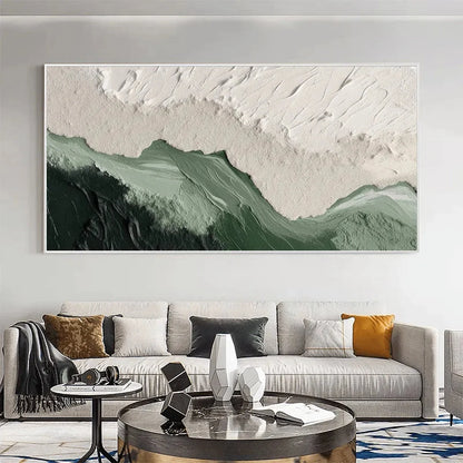 SAGE RIVER: Green and White Abstract Landscape Impasto Painting for Living Room | Abstract closeup, raised brushwork detail