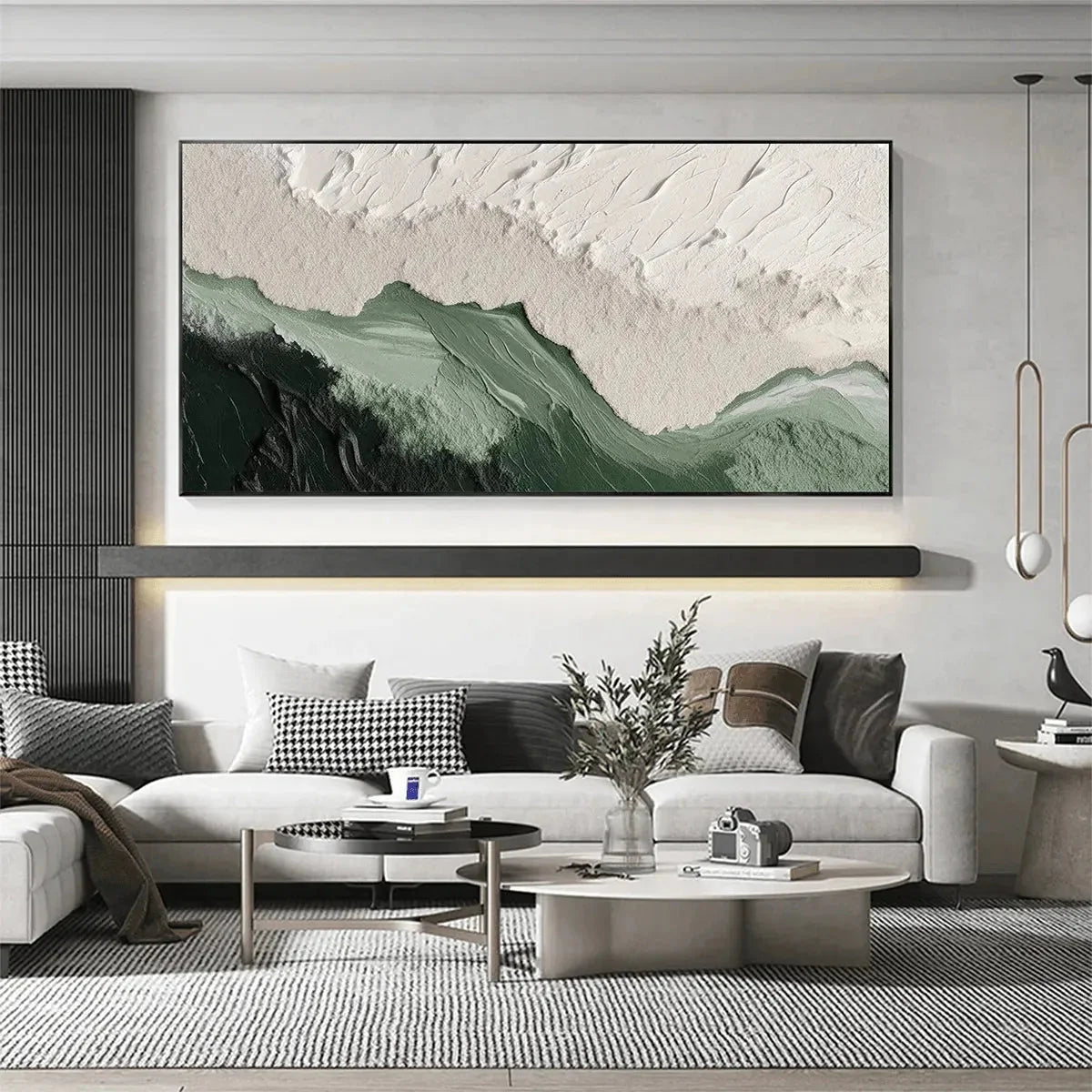SAGE RIVER: Green and White Abstract Landscape Impasto Painting for Living Room | gold frame stretched on neutral wall