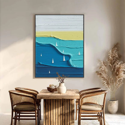 SAILBOAT SERENITY: Textured Minimalist Abstract Seascape Painting | Minimalist closeup, raised brushwork detail