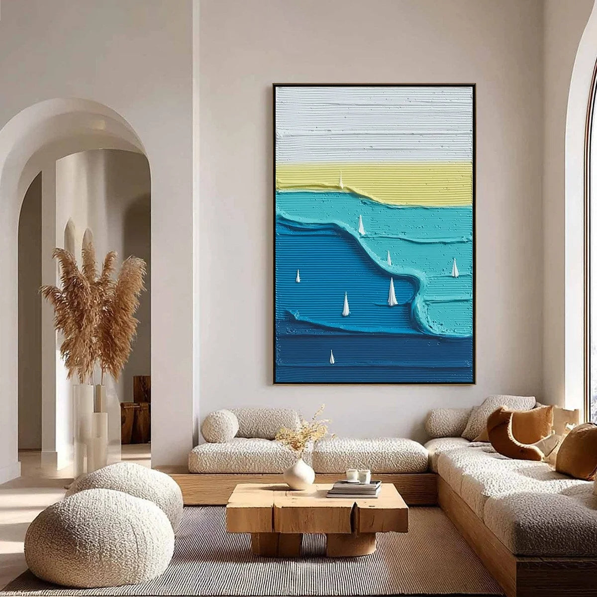 SAILBOAT SERENITY: Textured Minimalist Abstract Seascape Painting | gold frame stretched on neutral wall